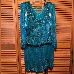 Gorgeous Turquoise Silk Sequins and Beaded Skirt Suit